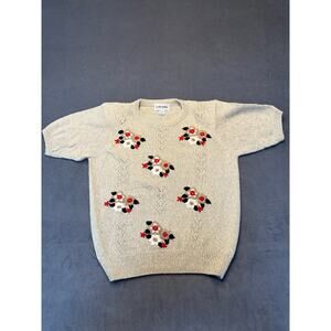 Vtg Alfred Dunner Embroidered Sweater Womens Med Floral Short Sleeve Knit Tan